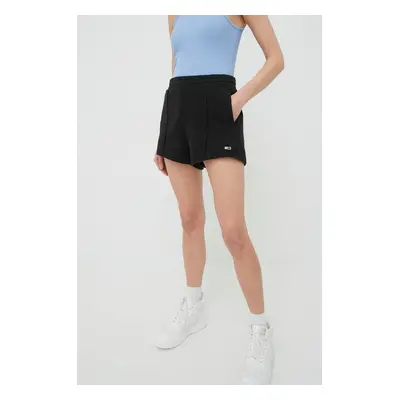 Bavlněné šortky Tommy Jeans dámské, černá barva, hladké, high waist