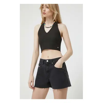 Džínové šortky Tommy Jeans dámské, černá barva, hladké, high waist