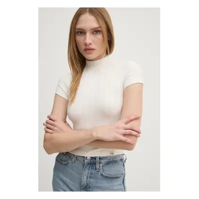 Tričko Calvin Klein Jeans béžová barva, s pologolfem, J20J225017