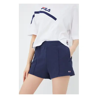 Bavlněné šortky Tommy Jeans dámské, tmavomodrá barva, hladké, high waist