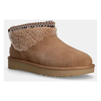 Semišové sněhule UGG Classic Ultra Mini Maxi Curly hnědá barva, 1158263-CHE