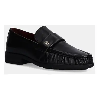 Kožené mokasíny Tommy Hilfiger LOAFER SOFT NAPPA PLEATED TOE dámské, černá barva, na plochém pod