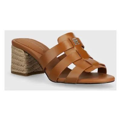 Kožené pantofle Tommy Hilfiger BLOCK MID HEEL LEATHER SANDAL dámské, hnědá barva, na podpatku, F