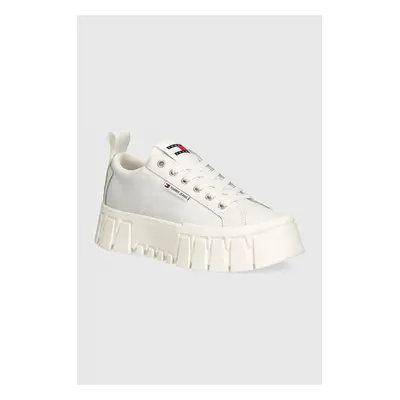 Tenisky Tommy Jeans TJW VULC FLATFORM LC MIX MEDIA dámské, bílá barva, EN0EN02569