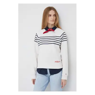 Bavlněná mikina Tommy Hilfiger dámská, béžová barva, vzorovaná