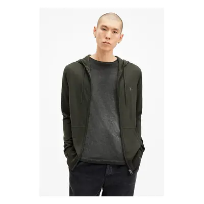 Vlněná halenka AllSaints MODE MERINO ZIP HOOD zelená barva, s kapucí, melanžová, M084KB