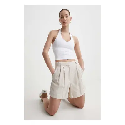 Plátěné kraťasy Abercrombie & Fitch béžová barva, hladké, high waist