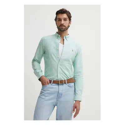 Bavlněná košile Polo Ralph Lauren zelená barva, slim, s límečkem button-down