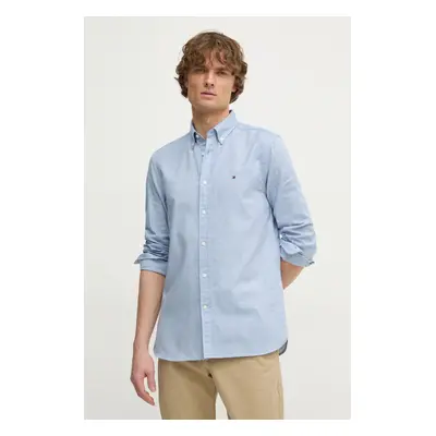 Košile s příměsí lnu Tommy Hilfiger modrá barva, regular, s límečkem button-down, MW0MW37574