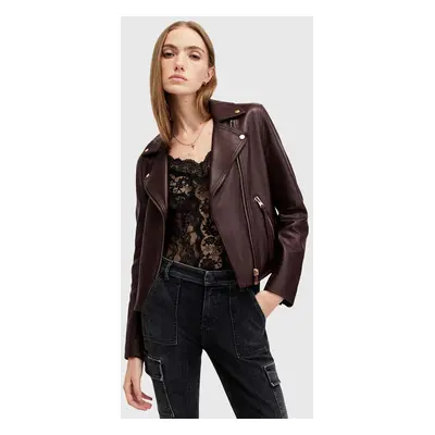 Kožená bunda AllSaints DALBY BIKER dámská, vínová barva, přechodná, W099LB