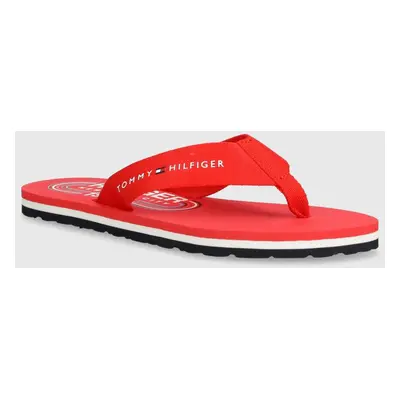 Žabky Tommy Hilfiger GLOBAL STRIPES FLAT BEACH SANDAL dámské, červená barva, na plochém podpatku