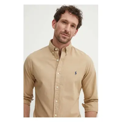 Bavlněná košile Polo Ralph Lauren béžová barva, regular, s límečkem button-down, 710889739001