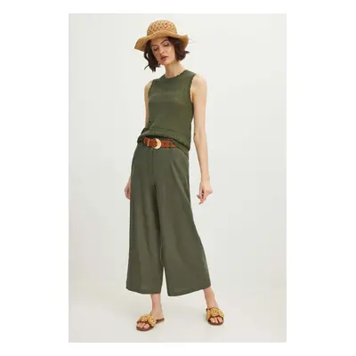 Lněné kalhoty Medicine dámské, zelená barva, střih culottes, high waist