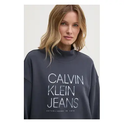 Bavlněná mikina Calvin Klein Jeans dámská, šedá barva, s aplikací, J20J225082