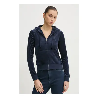 Velurová mikina Juicy Couture tmavomodrá barva, s kapucí, JCWAS125302