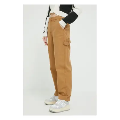 Bavlněné kalhoty Vans hnědá barva, jednoduché, high waist