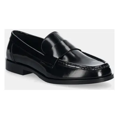 Kožené mokasíny Calvin Klein MOC LOAFER - BRUSH L dámské, černá barva, na plochém podpatku, HW0H