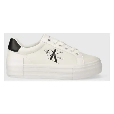 Kožené sneakers boty Calvin Klein Jeans BOLD VULC FLATFORM LACEUP LTH WN bílá barva, YW0YW00821