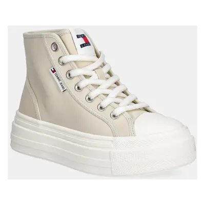 Kecky Tommy Jeans TJW FOXING FLATFORM SNEAKER HIGH dámské, béžová barva, EN0EN02704