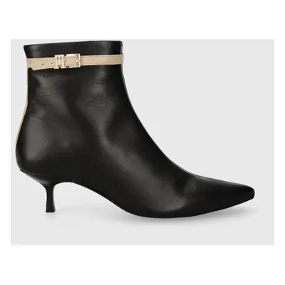 Kožené kotníkové boty Tommy Hilfiger LEATHER POINTED BOOT dámské, černá barva, na podpatku, FW0F