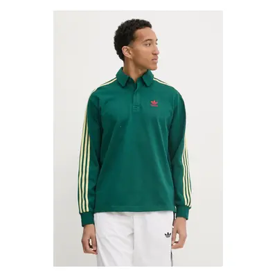 Bavlněné tričko s dlouhým rukávem adidas Originals Rugby polo zelená barva, JC9915