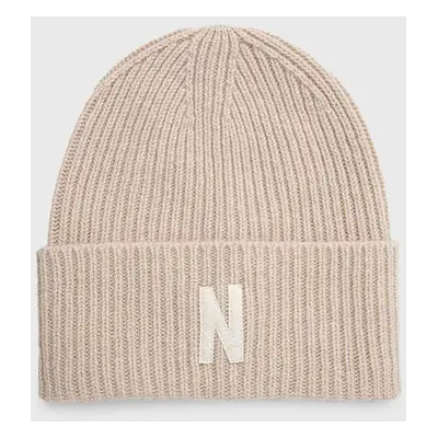 Vlněná čepice Norse Projects Merino Lambswool Rib N Logo Beanie béžová barva, N95.0953.2064