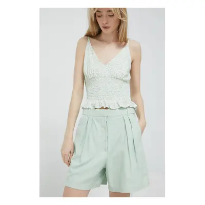 Plátěné kraťasy Abercrombie & Fitch zelená barva, hladké, high waist