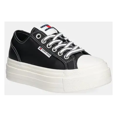 Kožené tenisky Tommy Jeans TJW FOXING VULC LC LEATHER dámské, černá barva, EN0EN02714