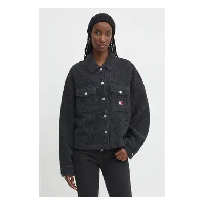 Košilová bunda Tommy Jeans černá barva, oversize, DW0DW18869