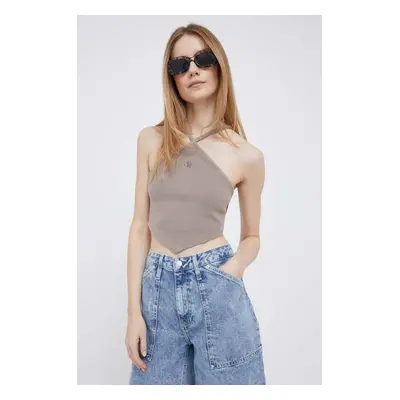 Bavlněný top Calvin Klein Jeans hnědá barva, cold shoulder