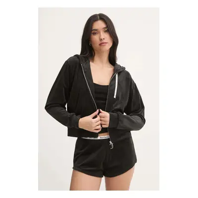 Pyžamová mikina Juicy Couture LIV RIB VELOUR HOODIE dámská, černá barva, JCLBJ125503