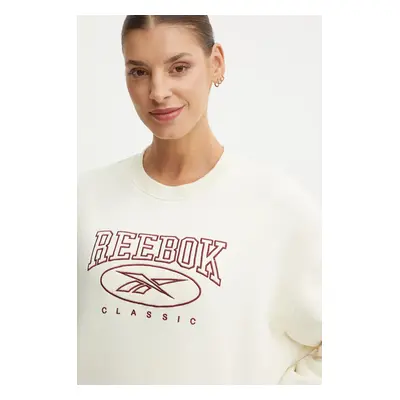 Bavlněná mikina Reebok Classic dámská, béžová barva, s aplikací, 100205214