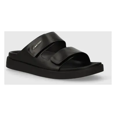 Kožené pantofle Calvin Klein FLAT ADJ SLIDE CALVIN MTL LTH dámské, černá barva, HW0HW01954