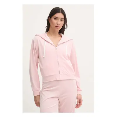 Pyžamová mikina Juicy Couture LIV RIB VELOUR HOODIE dámská, růžová barva, JCLBJ125503