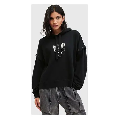 Bavlněná mikina AllSaints INKSNTS AMPHIA HOODY dámská, černá barva, s kapucí, s potiskem, W105JB