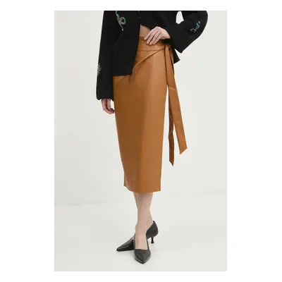 Sukně Never Fully Dressed Vegan Leather Jaspre Skirt hnědá barva, midi, pouzdrová, NFDSK473