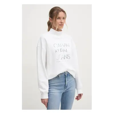 Bavlněná mikina Calvin Klein Jeans dámská, béžová barva, s aplikací, J20J225082