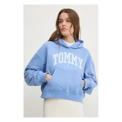 Bavlněná mikina Tommy Jeans dámská, modrá barva, s kapucí, s potiskem, DW0DW19291