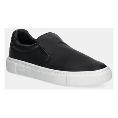 Kožené tenisky Calvin Klein CUPSOLE SLIP ON - WOVEN LTH dámské, černá barva, HW0HW02297