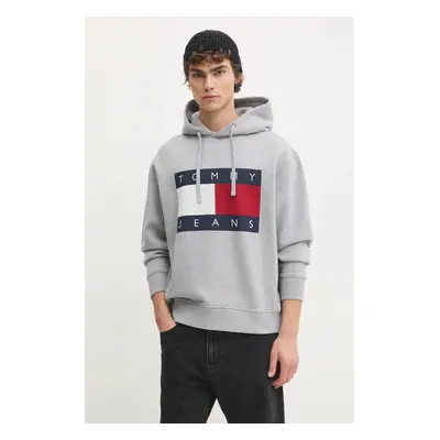 Mikina Tommy Jeans pánská, šedá barva, s kapucí, s potiskem, DM0DM21174