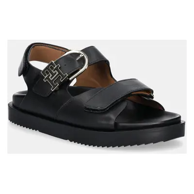 Kožené sandály Tommy Hilfiger LEATHER SPORTY SANDAL dámské, černá barva, FW0FW08799