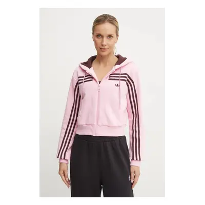 Mikina adidas Originals 70s Short Fullzip Fleece Hoodie dámská, růžová barva, s kapucí, s aplika