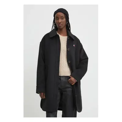 Kabát s příměsí vlny Tommy Jeans černá barva, přechodný, oversize, DW0DW19831