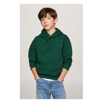 Dětská mikina Tommy Hilfiger zelená barva, s kapucí, hladká, KS0KS00579