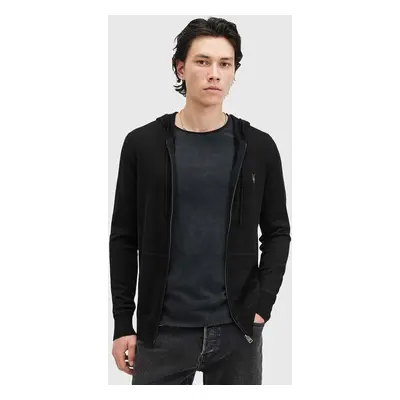 Vlněná halenka AllSaints MODE MERINO ZIP HOOD černá barva, s kapucí, melanžová, M084KB