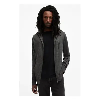 Vlněná halenka AllSaints MODE MERINO ZIP HOOD šedá barva, s kapucí, melanžová, M084KB