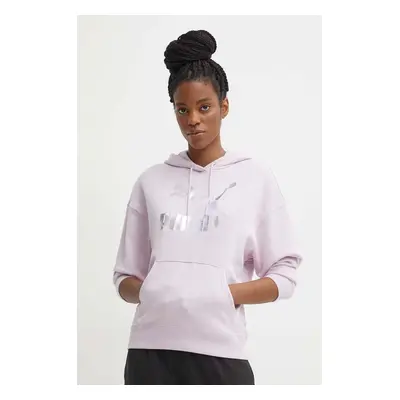 Mikina Puma CLASSICS Shiny Logo Hoodie dámská, fialová barva, s kapucí, s potiskem, 625595