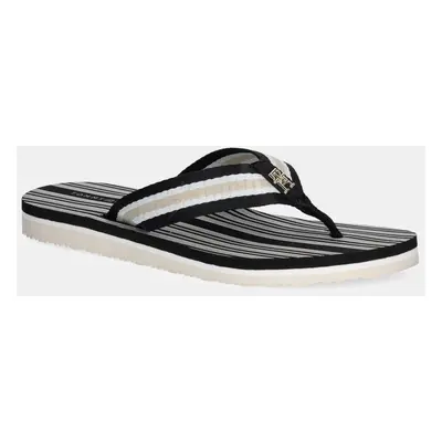 Žabky Tommy Hilfiger IM TH PRINT BEACH SANDAL dámské, černá barva, na plochém podpatku, FW0FW083