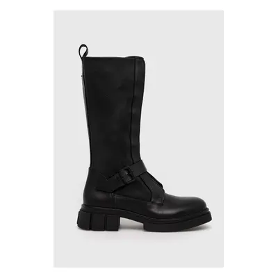 Kožené kozačky Tommy Hilfiger COOL MONOCHROMATIC BIKERBOOT dámské, černá barva, na plochém podpa