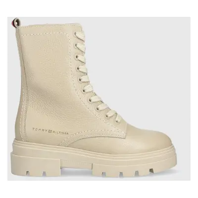 Kožené workery Tommy Hilfiger Monochromatic Lace Up Boot dámské, béžová barva, na plochém podpat